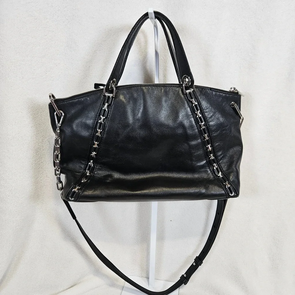 Michael Kors Black Leather Chain Trim Satchel‎ Crossbody Bag Silver Hardware